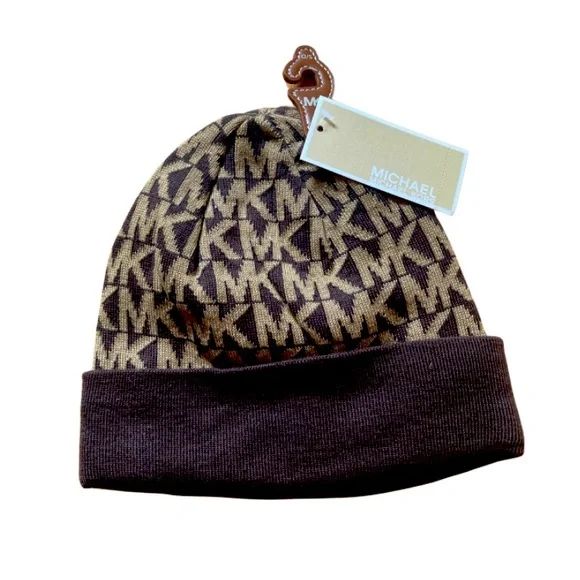 NWT Michael Kors Winter Hat in Brown Featuring Logo Pattern - Picture 1 of 4